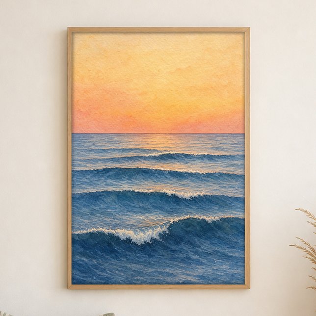 Dawn Swells Akvarell Kustkonstaffisch Poster (Shown framed for scale. Poster ships unframed; frames are an optional add-on.)
