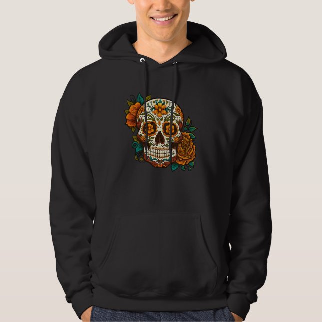 Day Of Dead Sugar Skull Floral Skeleton Head Bone  Hoodie (Framsida)