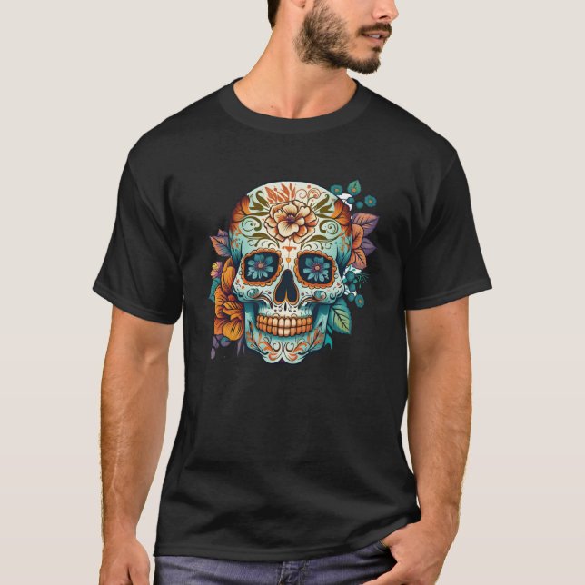 Day Of Dead Sugar Skull Floral Skeleton Head Bone  T Shirt (Framsida)