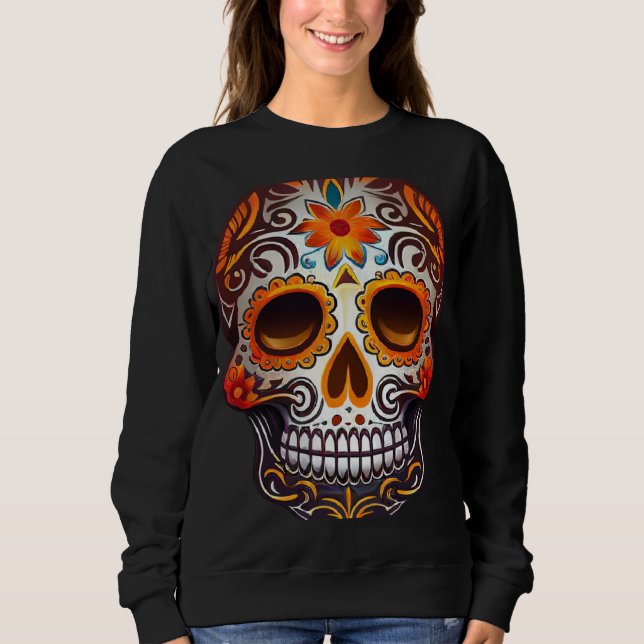 Day Of Dead Sugar Skull Floral Skeleton Head Bone  T Shirt (Framsida)