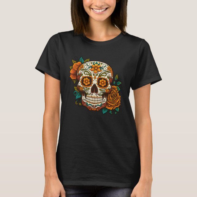 Day Of Dead Sugar Skull Floral Skeleton Head Bone  T Shirt (Framsida)