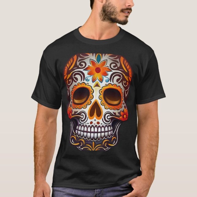 Day Of Dead Sugar Skull Floral Skeleton Head Bone  T Shirt (Framsida)