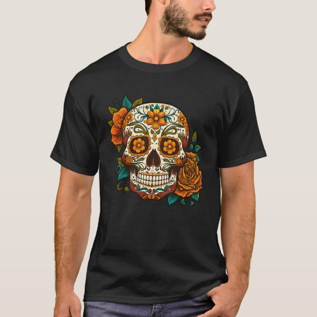 Day Of Dead Sugar Skull Floral Skeleton Head Bone  T Shirt (Framsida)