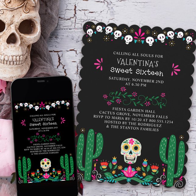 Day of the dead Blommigt Döskallar Sweet 16 Inbjudningar (Day of the Dead Sweet Sixteen Invite from my Dia de los Muertos collection)