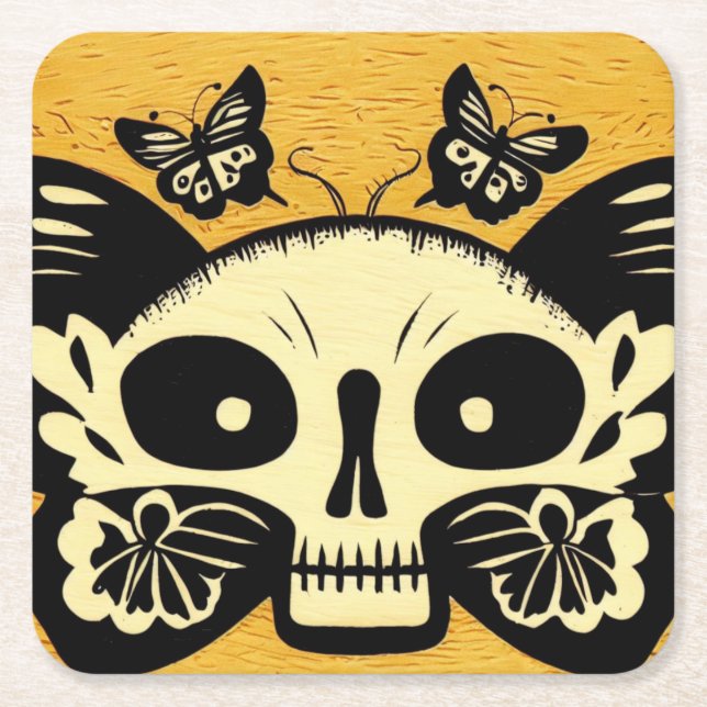Day of the dead Butterflies Woodcut 1 Underlägg Papper Kvadrat (Framsidan)