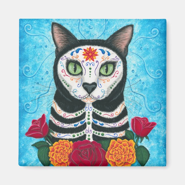 Day of the dead Cat Sugar Skull Art Magnet (Framsidan)