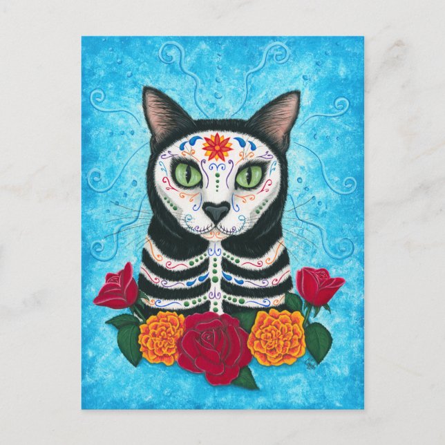 Day of the dead Cat Sugar Skull Art-vykort Vykort (Framsida)