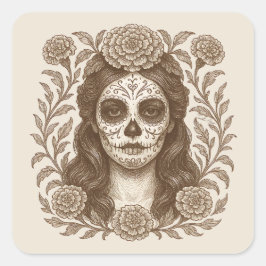 Day of the dead Catrina Aztec Marigold Teckning Fyrkantigt Klistermärke