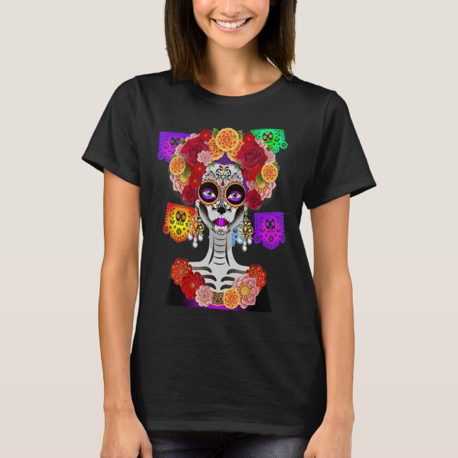 Day of the dead Costume La Catrina Skull Flowers T Shirt (Framsida)