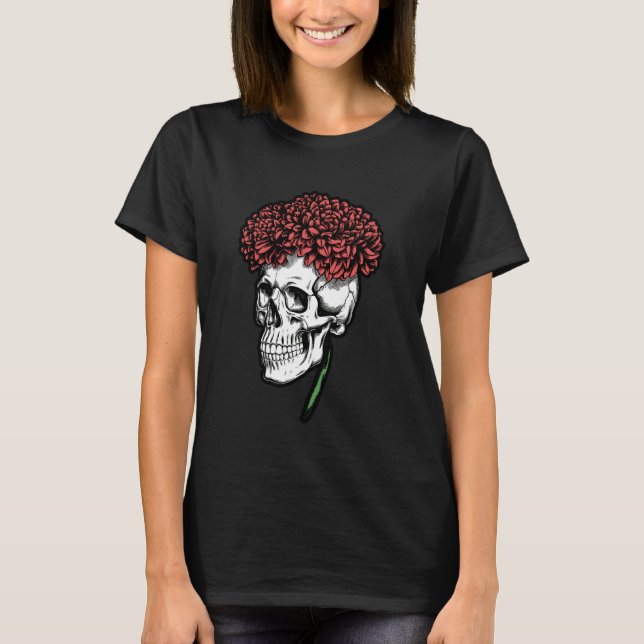 Day of The Dead Dark Gothic Floral Sugar Skull T Shirt (Framsida)