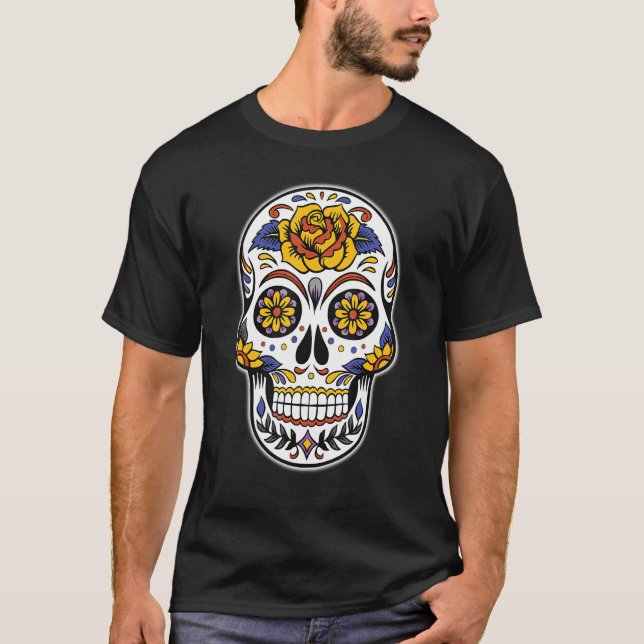 Day of the dead Dia de Los Muertos Blommigt Sugar  T Shirt (Framsida)