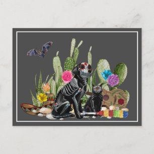 Day of the dead Dia De Los Muertos hund och Cat Vykort