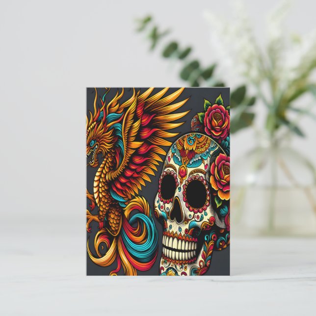 Day of the dead Dragon Skull Vykort (Stående Fram)