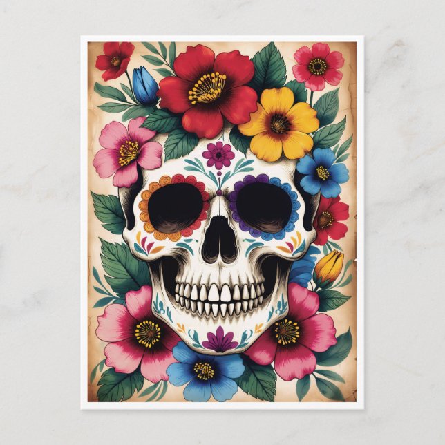 Day of the Dead Floral Skull Vykort (Framsida)