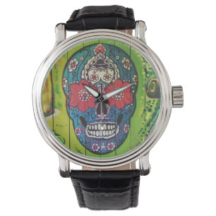 Day of the dead Funky Blue och Grönt Sugar Skull Armbandsur