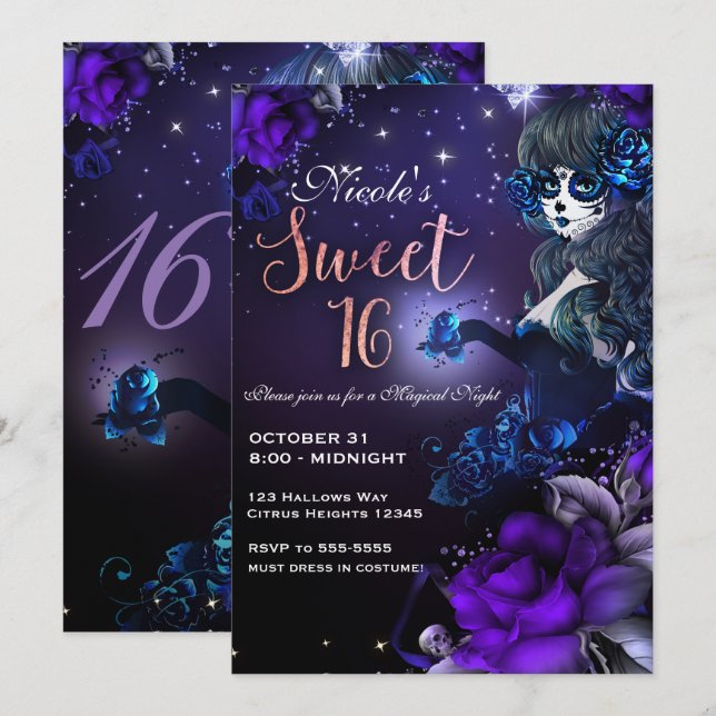 Day of the dead Girl Lila Blue Sweet 16 Party Inbjudningar (Fram/baksida)