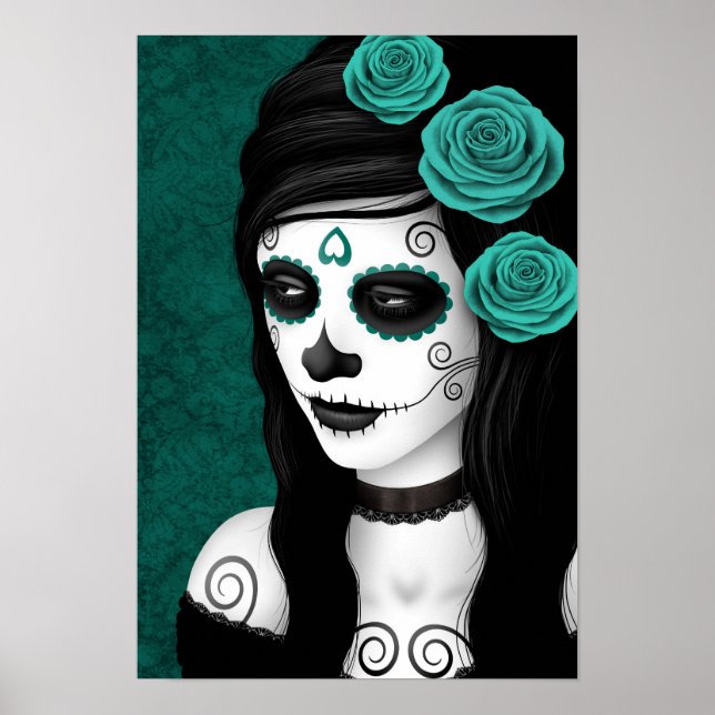 Day of the dead Girl med Teal Blue Ro Poster (Framsidan)