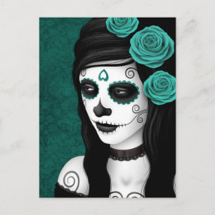 Day of the dead Girl med Teal Blue Ro Vykort
