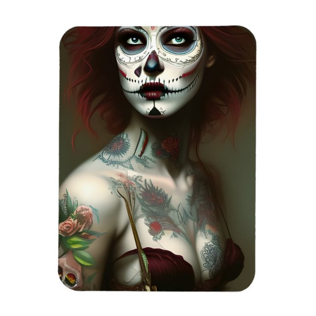 Day of the dead kvinnor med tatueringar magnet (Vertikal)