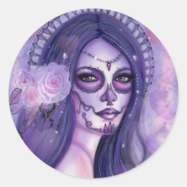 Day of the dead lila ro och butterflies Renee Runt Klistermärke