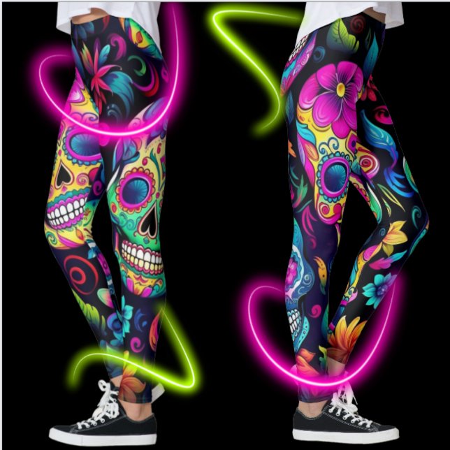 Day of the dead Neon Sugar Döskallar Leggings (Bold sugar skulls on leggings for your holiday and winter festivities.  Statement making!)
