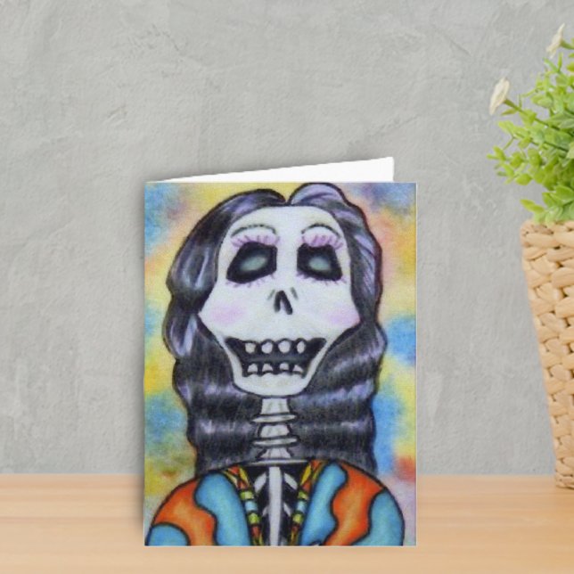 Day of the dead Notecard Kort (Day of Dead happy Lady Skeleton in orange and blue on colourful Halloween notecard.)