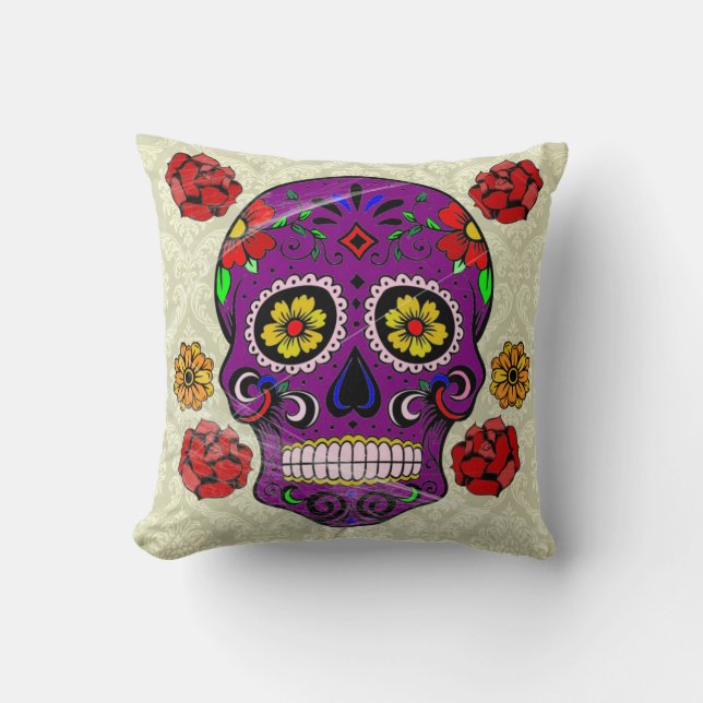 Day of the dead Pillow Lila Sugar Skull Kudde (Framsida)