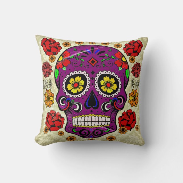 Day of the dead Pillow Lila Sugar Skull Kudde (Framsida)