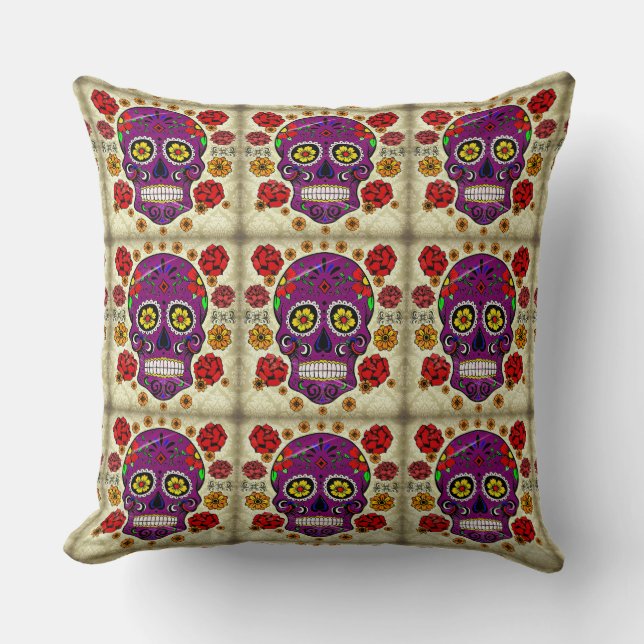 Day of the dead Pillow Lila Sugar Skull Kudde (Framsida)