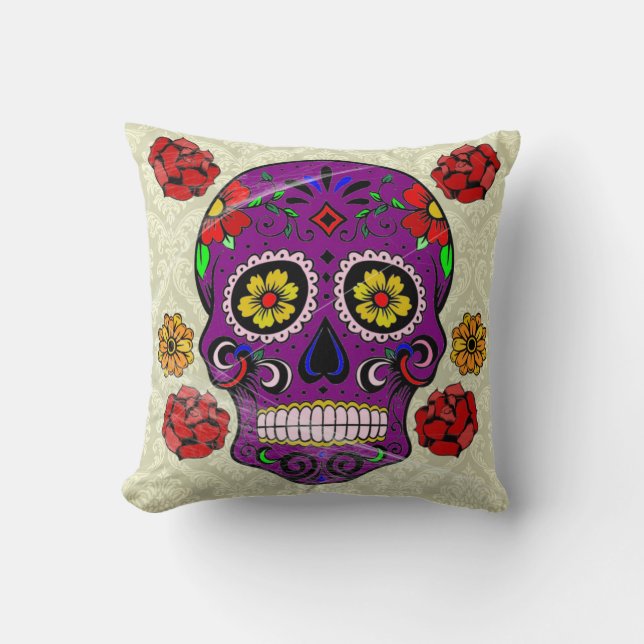 Day of the dead Pillow Lila Sugar Skull Kudde (Framsida)