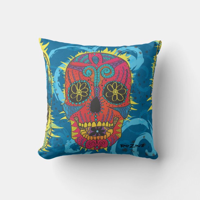 Day of the dead Rainbow Skull Daisy Tribal Tattoo Kudde (Framsida)