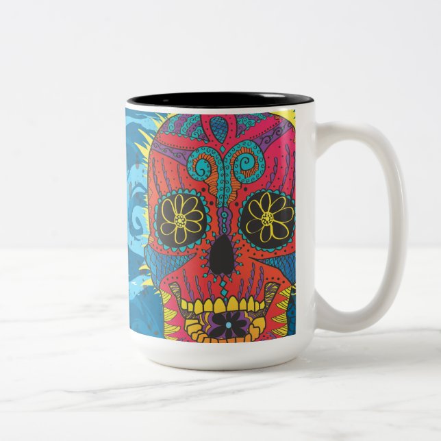 Day of the dead Rainbow Skull Daisy Tribal Tattoo Två-Tonad Mugg (Höger)