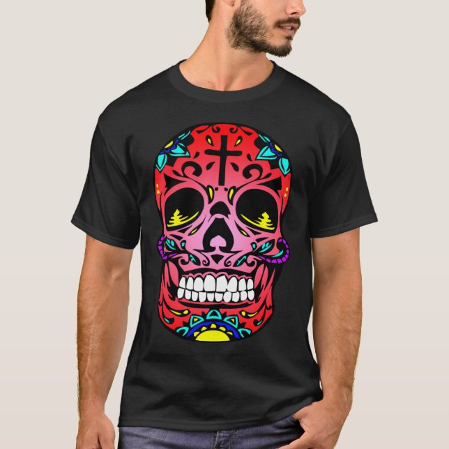Day Of The Dead Red Face Cross Sugar Skull Hallowe T Shirt (Framsida)