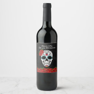 Day of the dead Red Turquise Sugar Skull Vinflaska Etikett