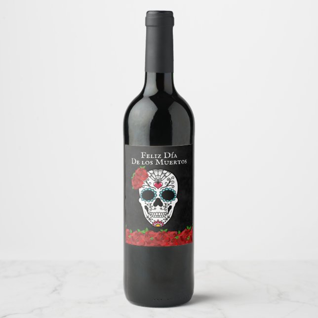 Day of the dead Red Turquise Sugar Skull Vinflaska Etikett (Framsida)