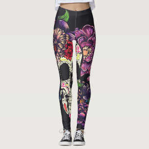 Day of the dead skalle med blommor leggings