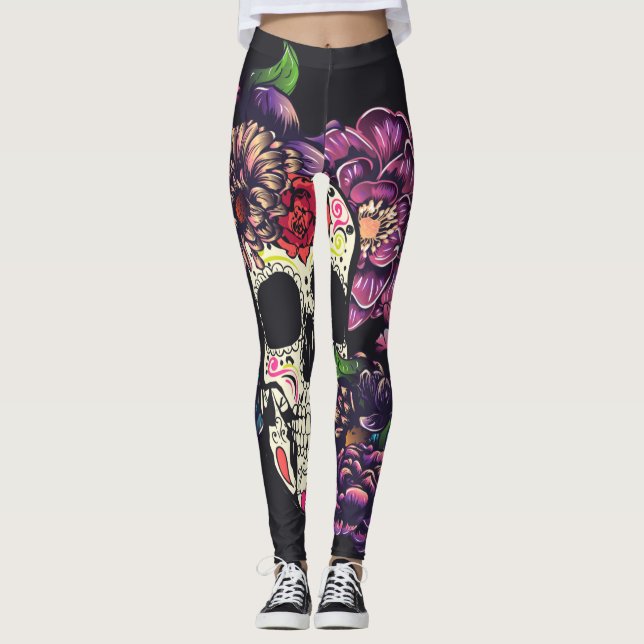 Day of the dead skalle med blommor leggings (Framsida)