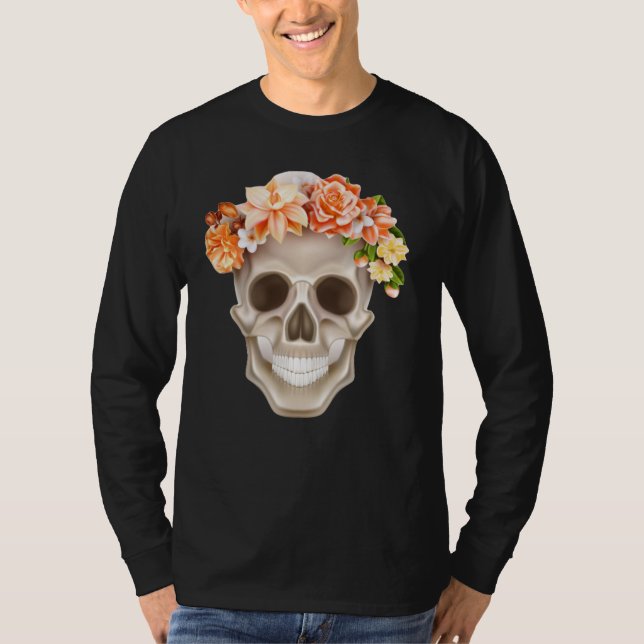 Day of the dead Skull Calavara Flowers T Shirt (Framsida)