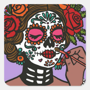Day of the dead Stickers Hand plockade Catrina Fyrkantigt Klistermärke