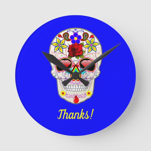 Day of the dead Stil Ro Skull på blått Rund Klocka (Framsida)