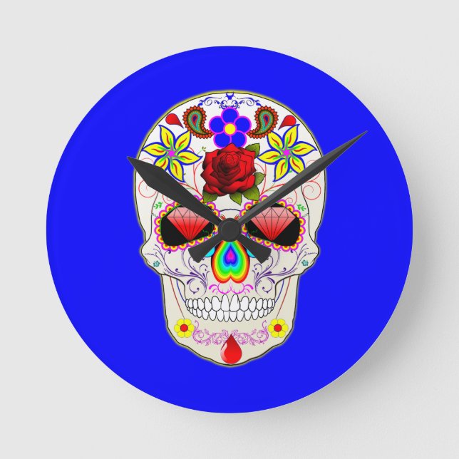 Day of the dead Stil Ro Skull på blått Rund Klocka (Framsida)