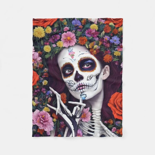 Day of the dead Sugar Skull Blommigt Skeleton Fleecefilt (Framsidan)