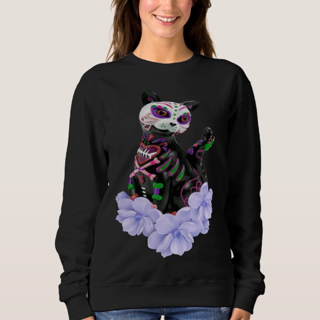 Day Of The Dead Sugar Skull Cat Purple Flowers T Shirt (Framsida)