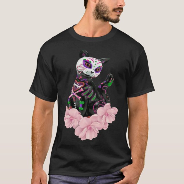 Day of the dead Sugar Skull Cat Rosa Flowers Pullo T Shirt (Framsida)