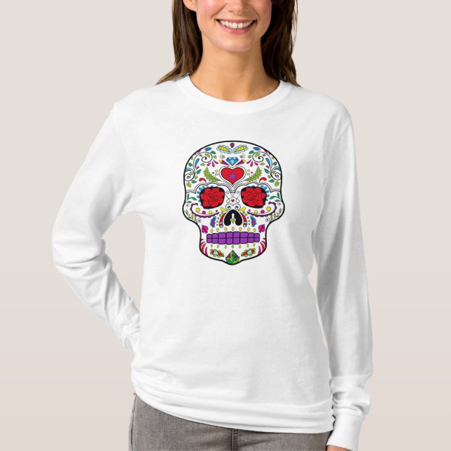 Day of the dead Sugar Skull Dia de los Muertos Tee Shirt (Framsida)