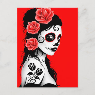 day of the dead Sugar Skull Girl - Bright Red Vykort