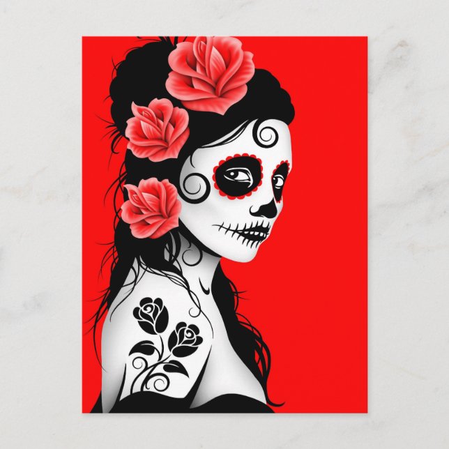 day of the dead Sugar Skull Girl - Bright Red Vykort (Framsida)