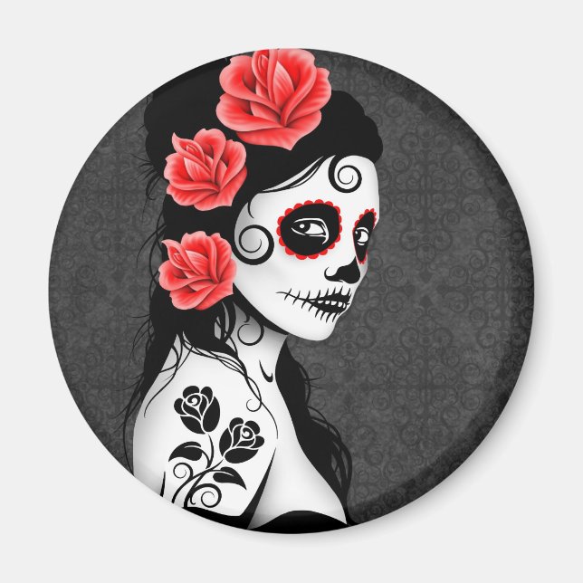 Day of the dead Sugar Skull Girl - grått Magnet (Framsidan)