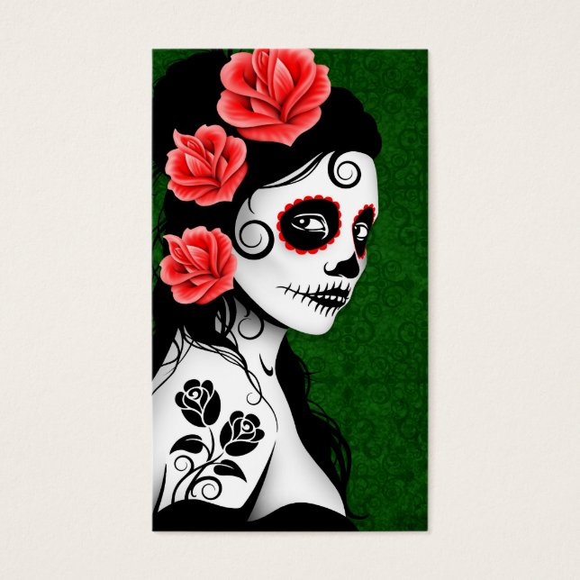 Day of the dead Sugar Skull Girl - grönt Visitkort (Framsidan)
