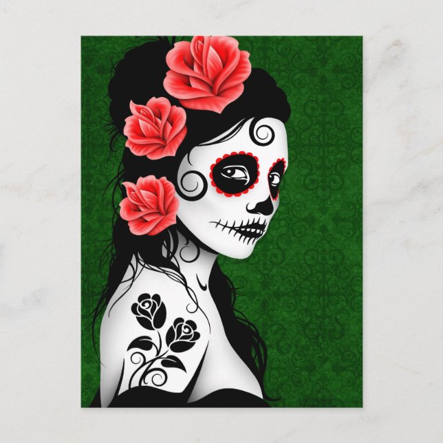 day of the dead Sugar Skull Girl - Grönt Vykort (Framsida)